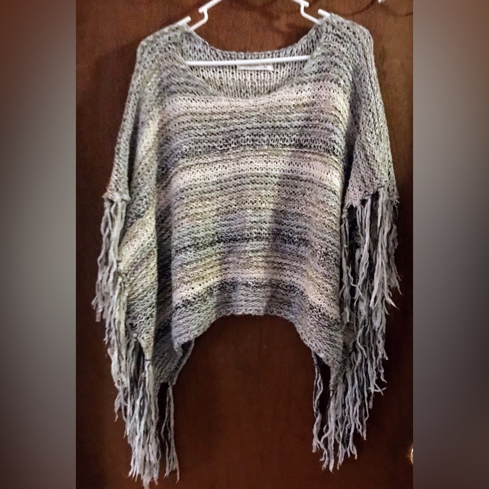 Abercrombie and Fitch Fringed Knit Sweater Poncho- Gray